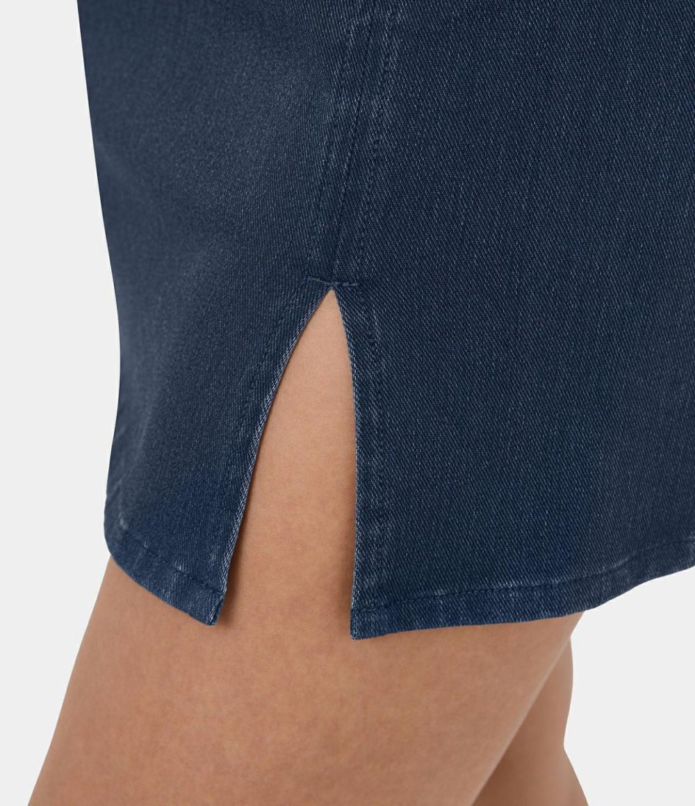 High Waisted Split Hem Stretchy Knit Denim Mini Casual Skirt  | Womens  Jeans Clothing Denim Shorts