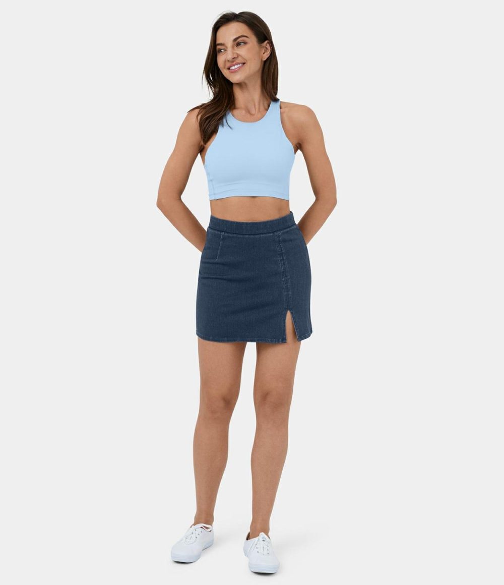 High Waisted Split Hem Stretchy Knit Denim Mini Casual Skirt  | Womens  Jeans Clothing Denim Shorts