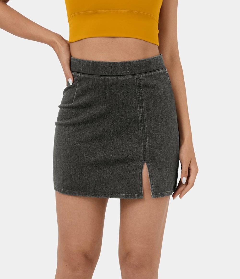 High Waisted Split Hem Stretchy Knit Denim Mini Casual Skirt  | Womens  Jeans Clothing Denim Shorts