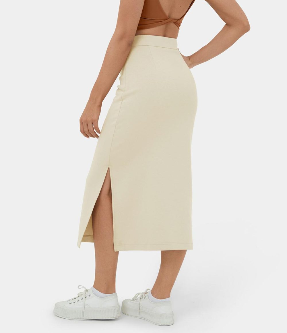 High Waisted Split Midi Casual Cotton Skirt  | Womens  Everyday Skirts Clothing Cloud Cream