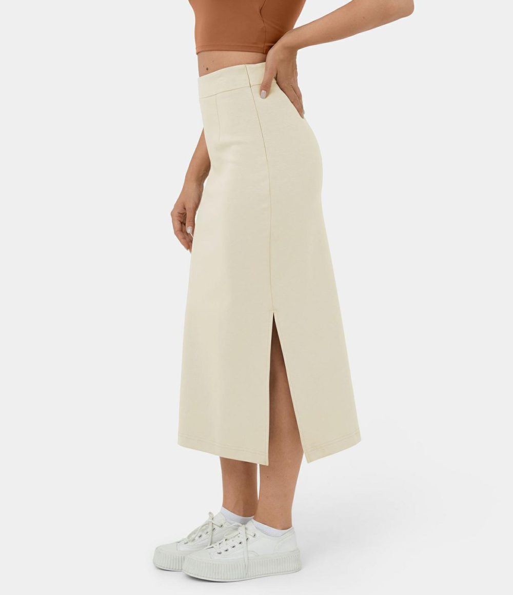 High Waisted Split Midi Casual Cotton Skirt  | Womens  Everyday Skirts Clothing Cloud Cream