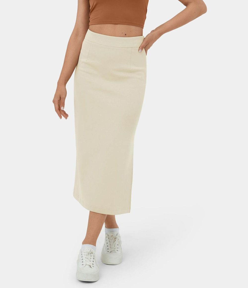 High Waisted Split Midi Casual Cotton Skirt  | Womens  Everyday Skirts Clothing Cloud Cream