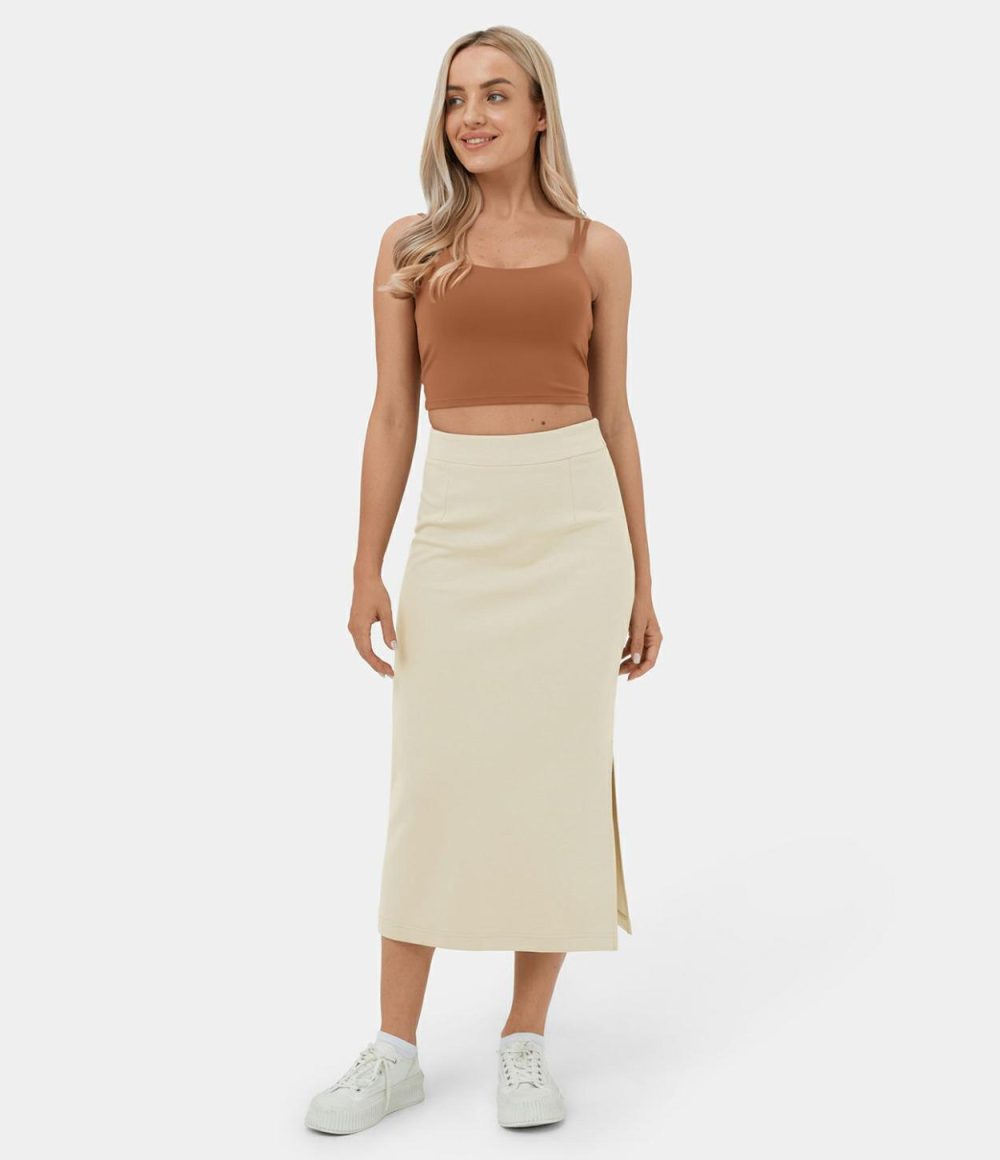 High Waisted Split Midi Casual Cotton Skirt  | Womens  Everyday Skirts Clothing Cloud Cream