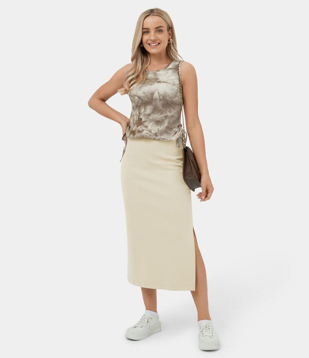 High Waisted Split Midi Casual Cotton Skirt  | Womens  Everyday Skirts Clothing Cloud Cream