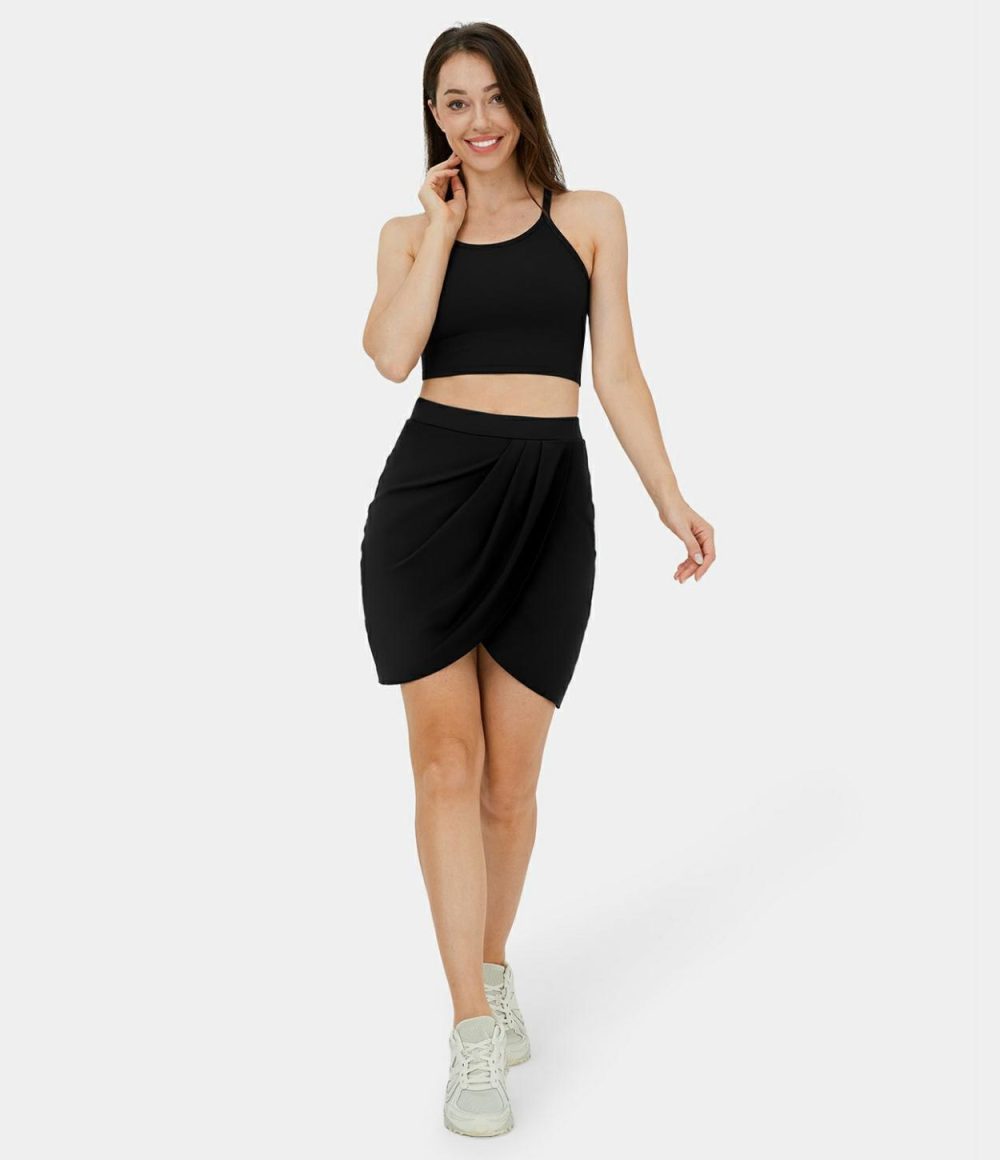 High Waisted Stacked Crossover Hem 2-in-1 Side Pocket Mini Golf Skirt  | Womens  Mini Skirts Clothing Black/Majolica Blue