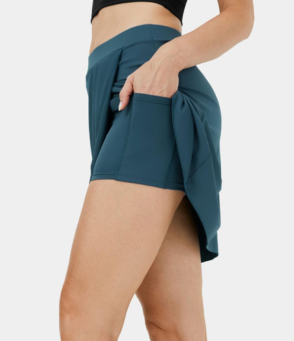 High Waisted Stacked Crossover Hem 2-in-1 Side Pocket Mini Golf Skirt  | Womens  Mini Skirts Clothing Black/Majolica Blue