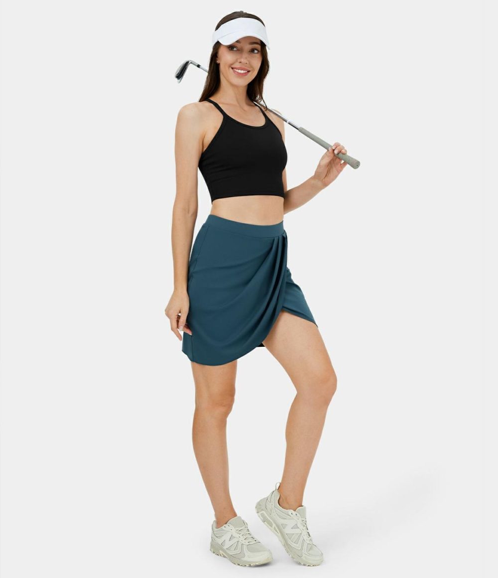 High Waisted Stacked Crossover Hem 2-in-1 Side Pocket Mini Golf Skirt  | Womens  Mini Skirts Clothing Black/Majolica Blue