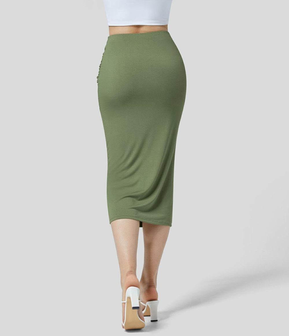 High Waisted Tie Front Bodycon Midi Casual Skirt  | Womens  Everyday Skirts Clothing Everyday Skirts