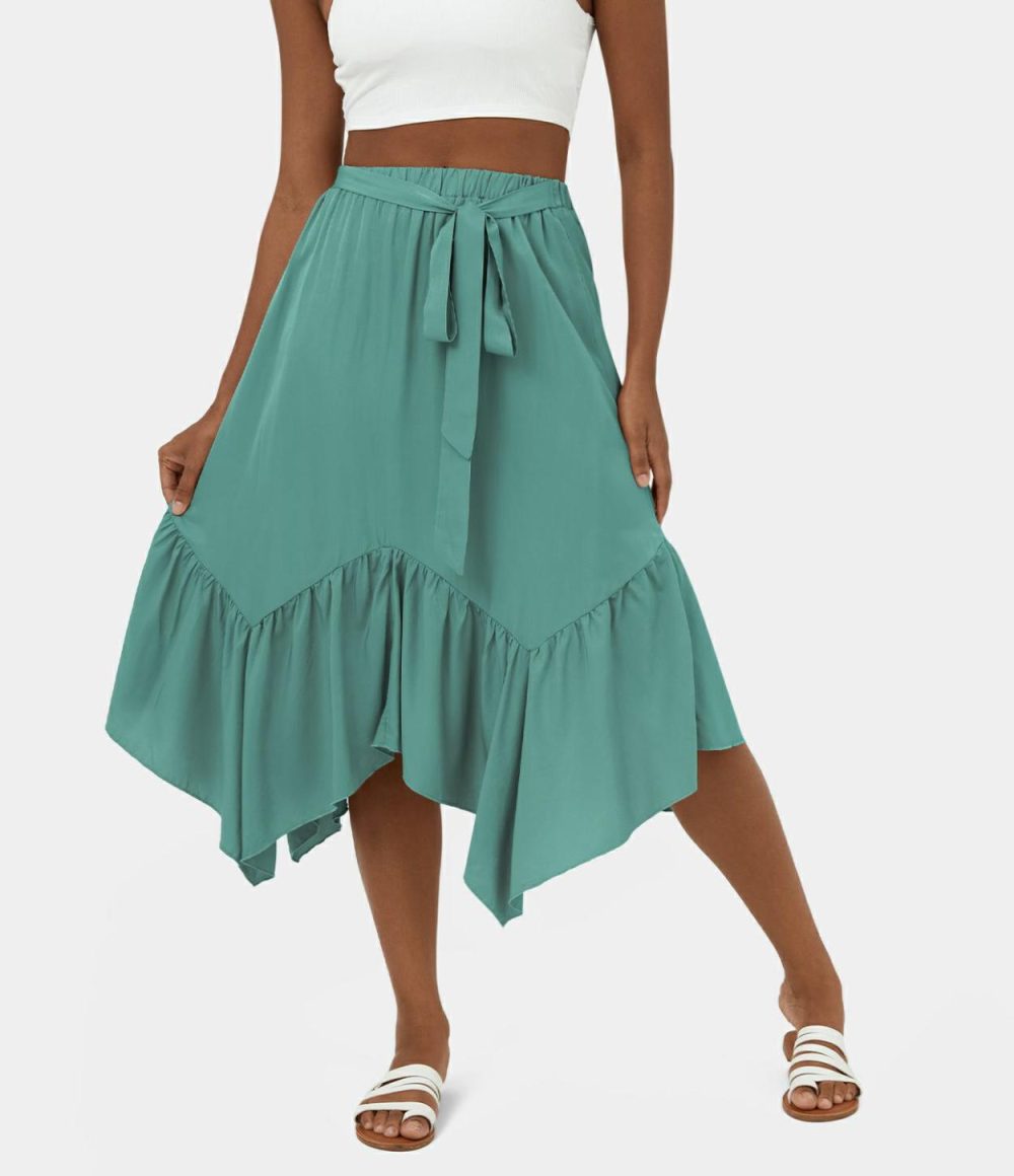 High Waisted Tie Front Plicated Asymmetric Hem Midi Casual Skirt  | Womens  Everyday Skirts Clothing Beryl Green/Travertine/Black/Vulcan