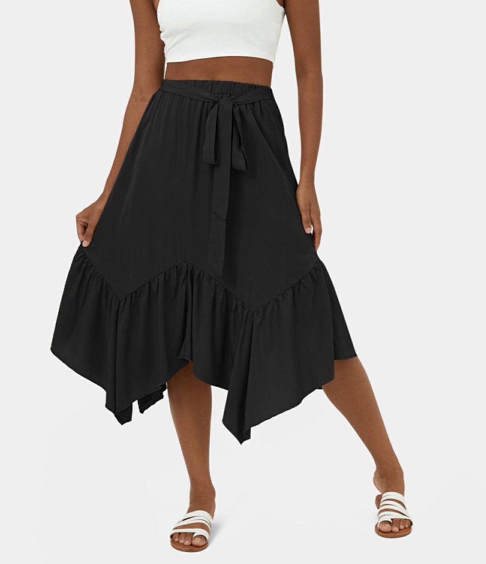 High Waisted Tie Front Plicated Asymmetric Hem Midi Casual Skirt  | Womens  Everyday Skirts Clothing Beryl Green/Travertine/Black/Vulcan