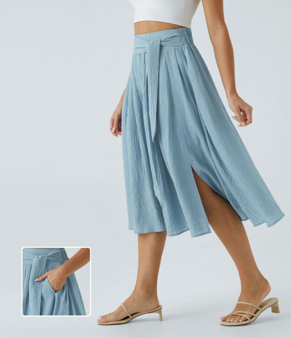 High Waisted Tie Front Side Pocket Split Flare Flowy Casual Midi Skirt  | Womens  Everyday Skirts Clothing Everyday Skirts