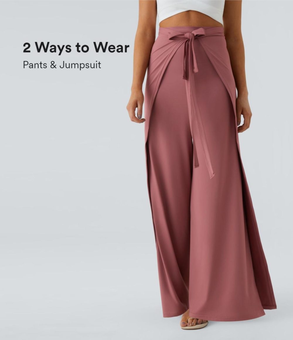 High Waisted Tie Front Split Hem Palazzo Wide Leg Flowy Casual Pants  | Womens  Dressey Jumpsuits Clothing Dressey Jumpsuits