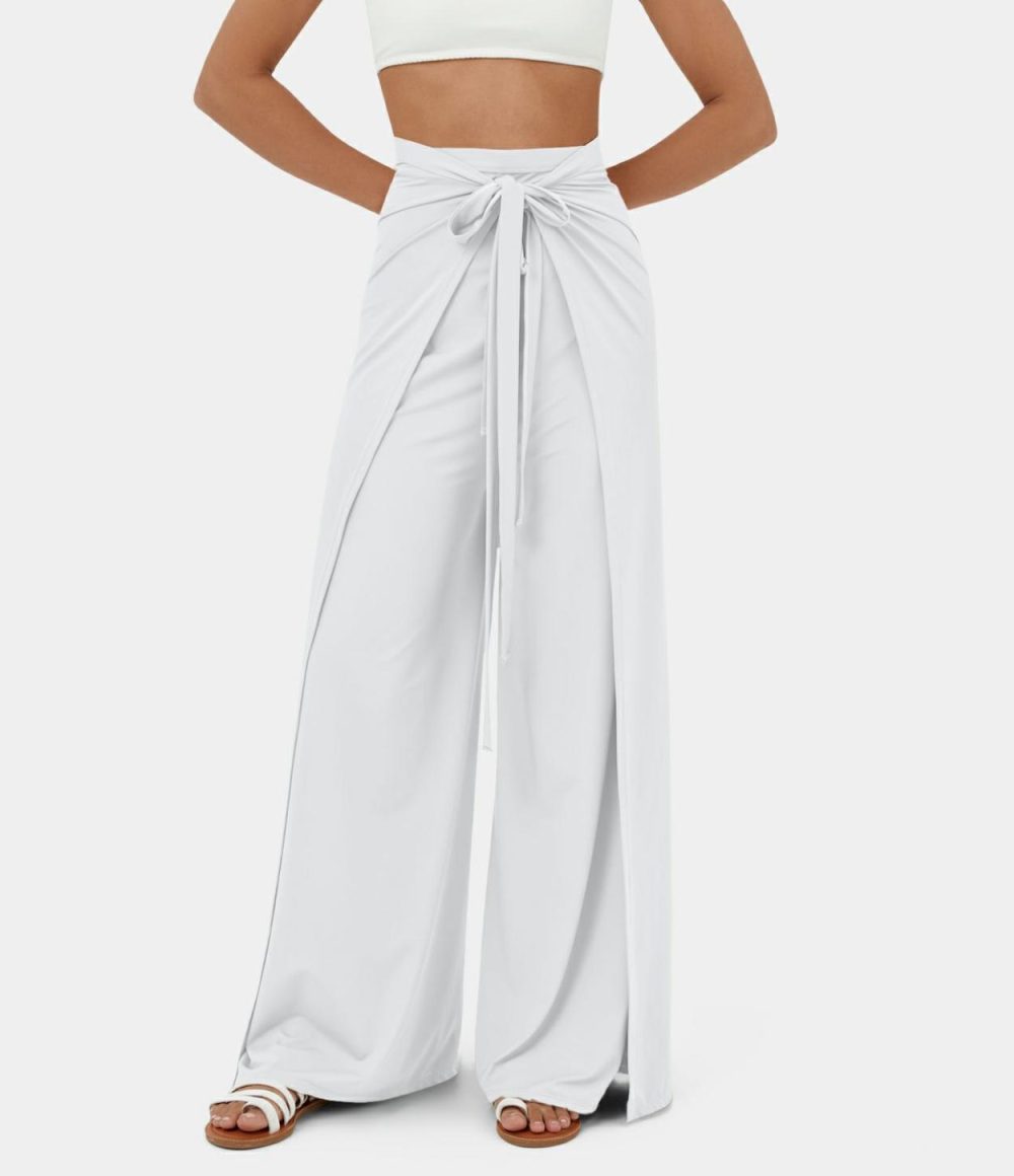 High Waisted Tie Front Split Hem Palazzo Wide Leg Flowy Casual Pants  | Womens  Dressey Jumpsuits Clothing Dressey Jumpsuits