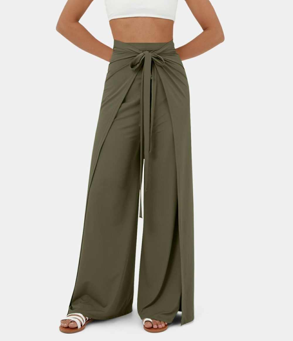 High Waisted Tie Front Split Hem Palazzo Wide Leg Flowy Casual Pants  | Womens  Dressey Jumpsuits Clothing Dressey Jumpsuits