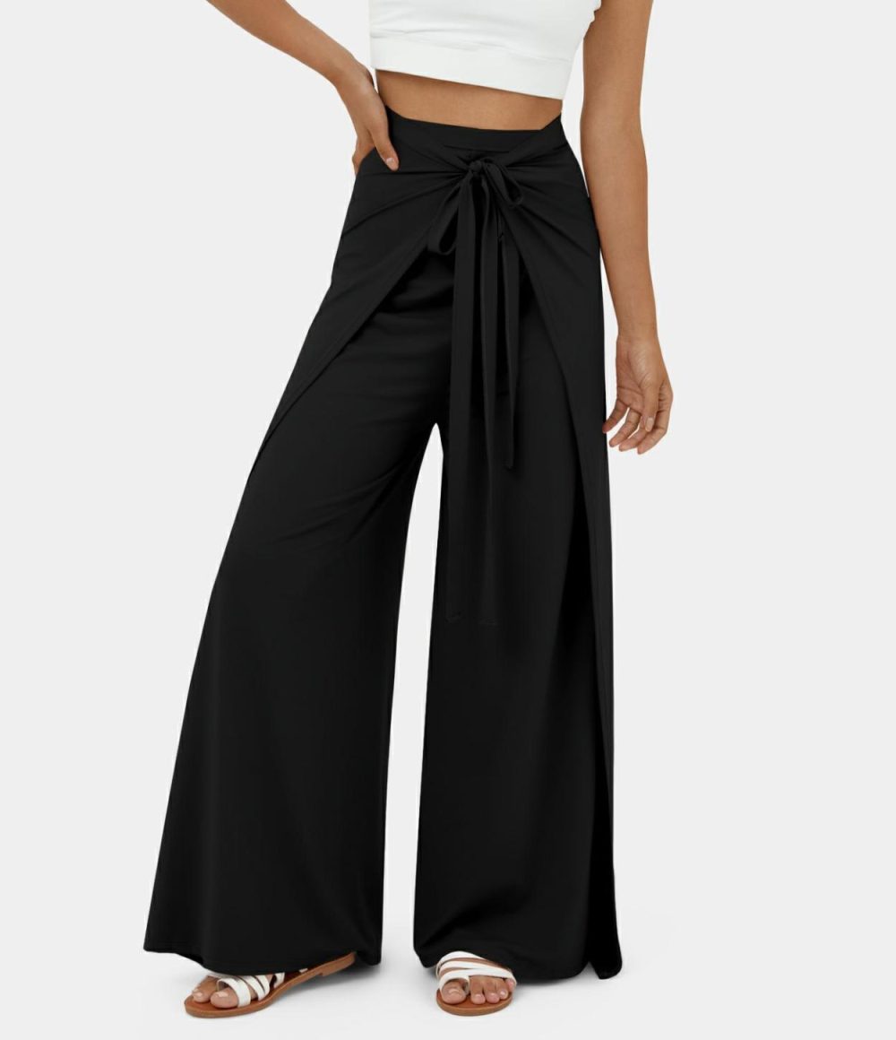 High Waisted Tie Front Split Hem Palazzo Wide Leg Flowy Casual Pants  | Womens  Dressey Jumpsuits Clothing Dressey Jumpsuits