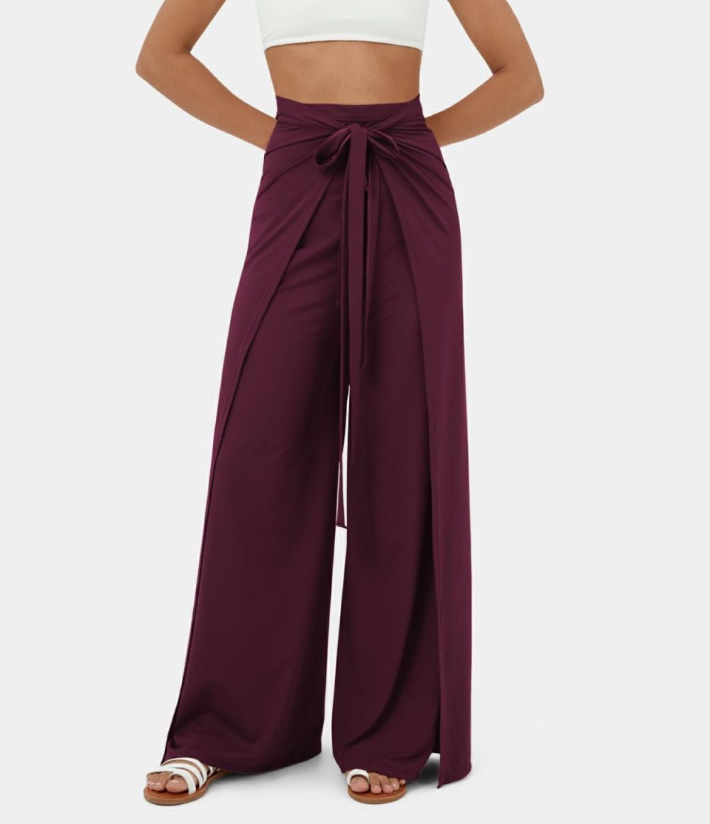 High Waisted Tie Front Split Hem Palazzo Wide Leg Flowy Casual Pants  | Womens  Dressey Jumpsuits Clothing Dressey Jumpsuits