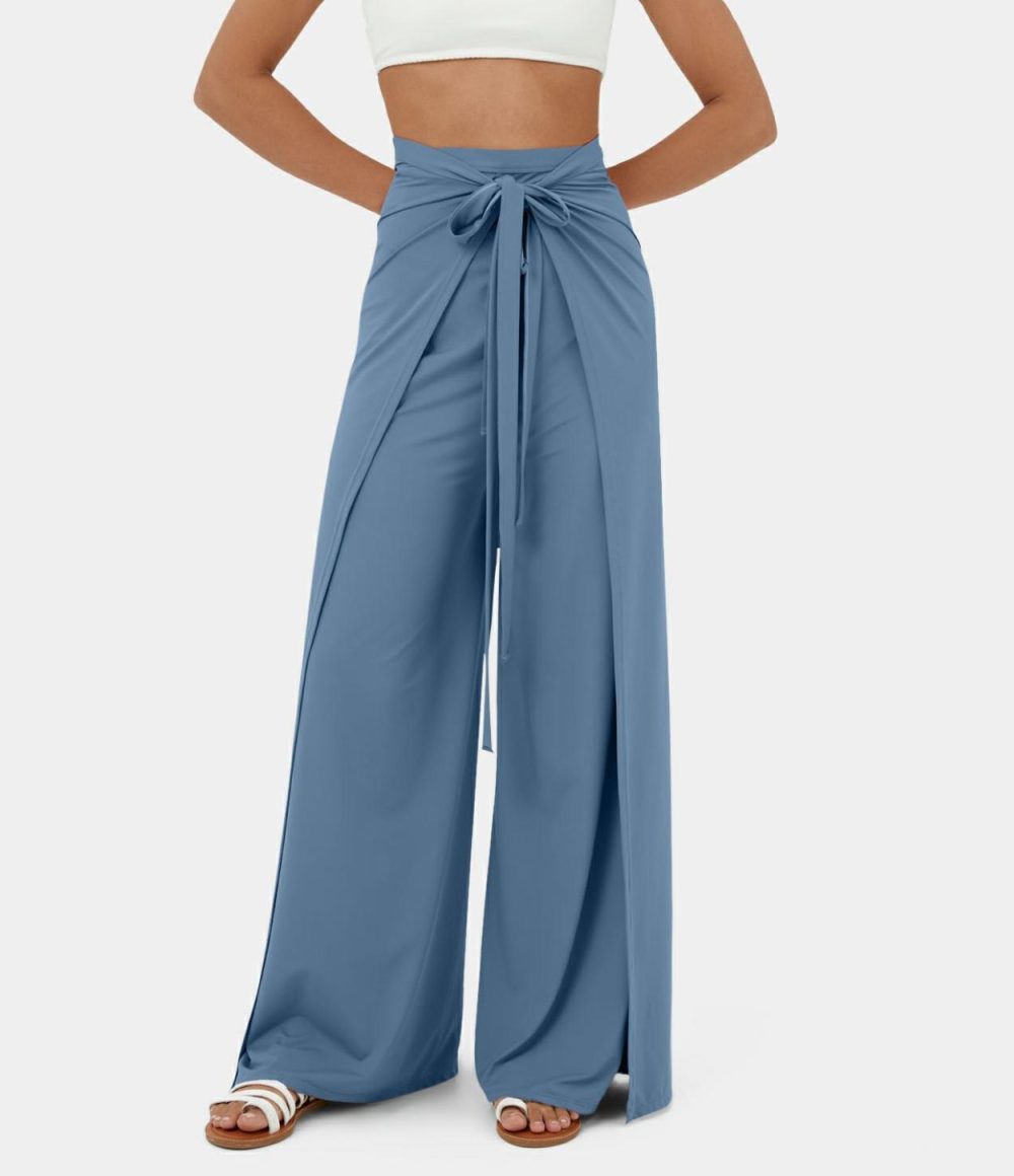 High Waisted Tie Front Split Hem Palazzo Wide Leg Flowy Casual Pants  | Womens  Dressey Jumpsuits Clothing Dressey Jumpsuits