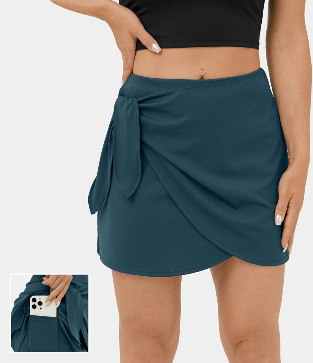 High Waisted Tie Side 2-in-1 Side Pocket A Line Mini Golf Skirt  | Womens  Mini Skirts Clothing Majolica Blue/Black