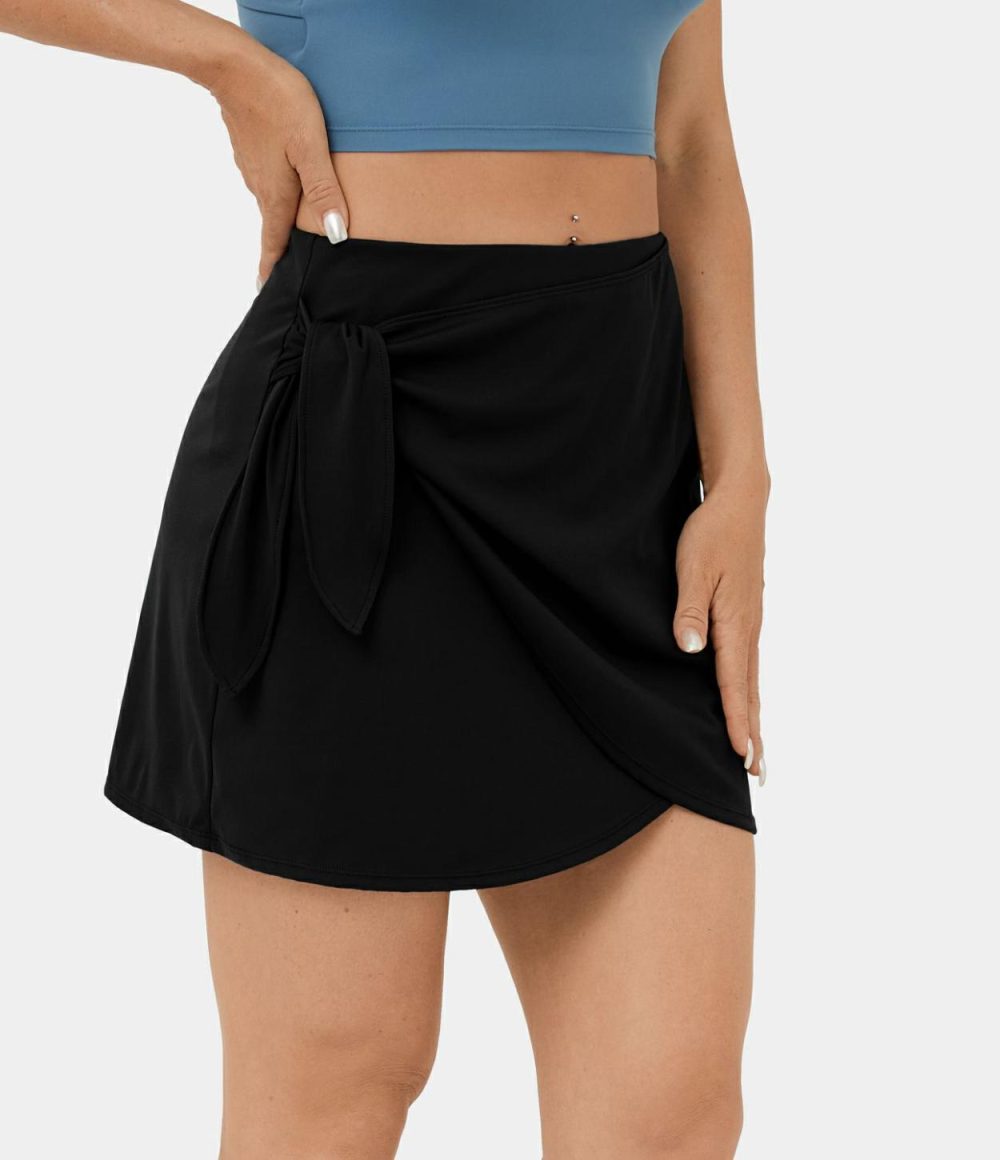 High Waisted Tie Side 2-in-1 Side Pocket A Line Mini Golf Skirt  | Womens  Mini Skirts Clothing Majolica Blue/Black