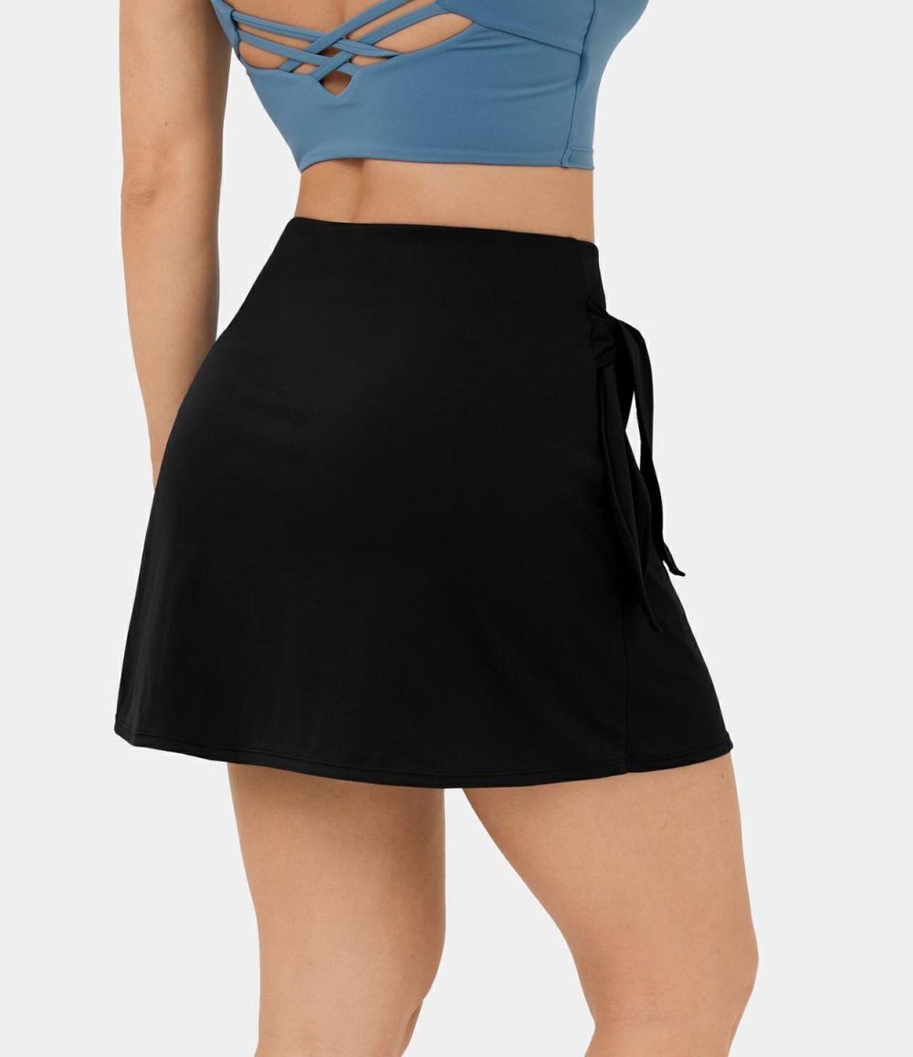 High Waisted Tie Side 2-in-1 Side Pocket A Line Mini Golf Skirt  | Womens  Mini Skirts Clothing Majolica Blue/Black