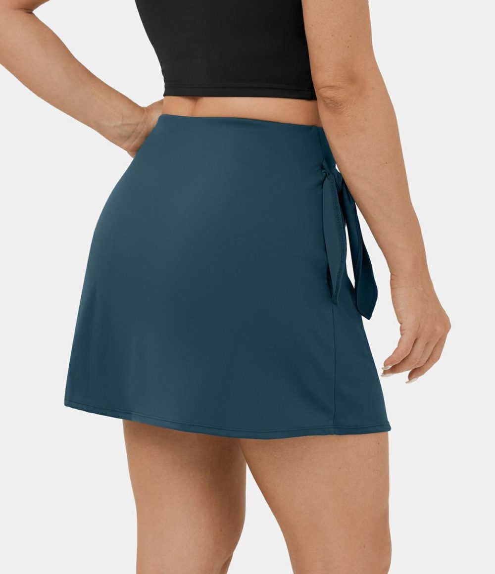 High Waisted Tie Side 2-in-1 Side Pocket A Line Mini Golf Skirt  | Womens  Mini Skirts Clothing Majolica Blue/Black