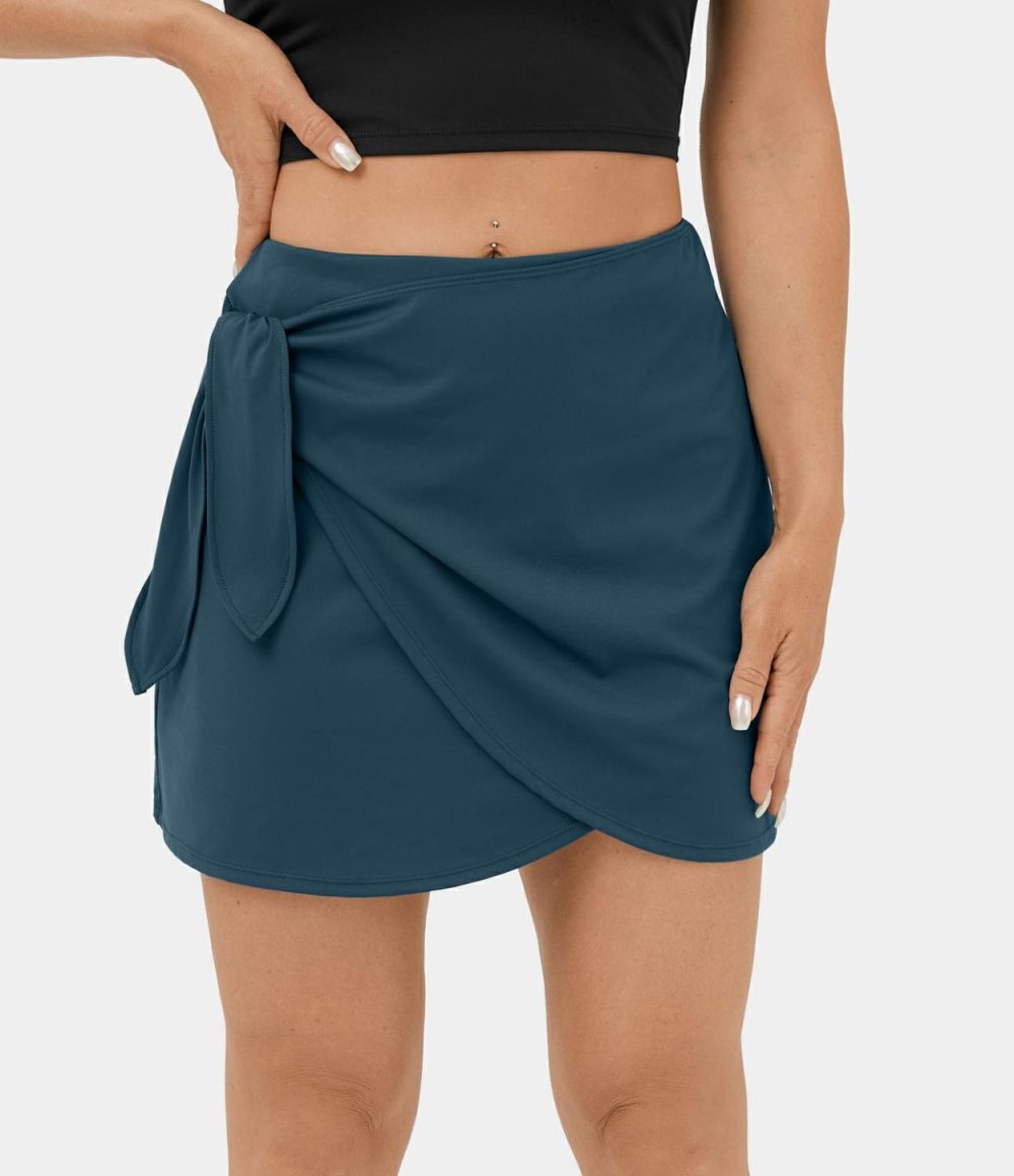 High Waisted Tie Side 2-in-1 Side Pocket A Line Mini Golf Skirt  | Womens  Mini Skirts Clothing Majolica Blue/Black