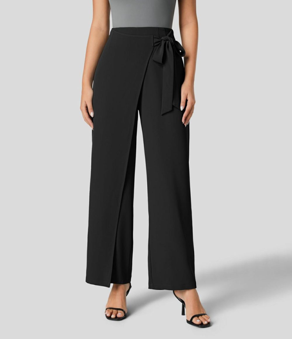 High Waisted Tie Side Invisible Zipper Wide Leg Work Pants  | Womens  Active Work Pants Active Work Pants Active Work Pants