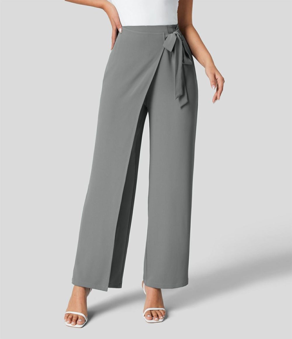 High Waisted Tie Side Invisible Zipper Wide Leg Work Pants  | Womens  Active Work Pants Active Work Pants Active Work Pants