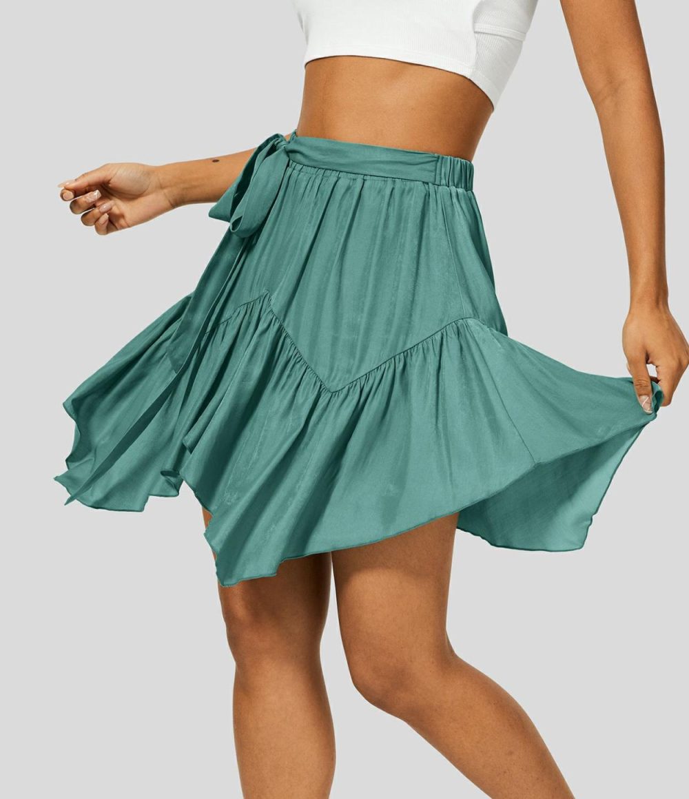 High Waisted Tie Side Plicated Asymmetric Hem Flowy Mini Casual Skirt  | Womens  Mini Skirts Clothing Beryl Green/Black