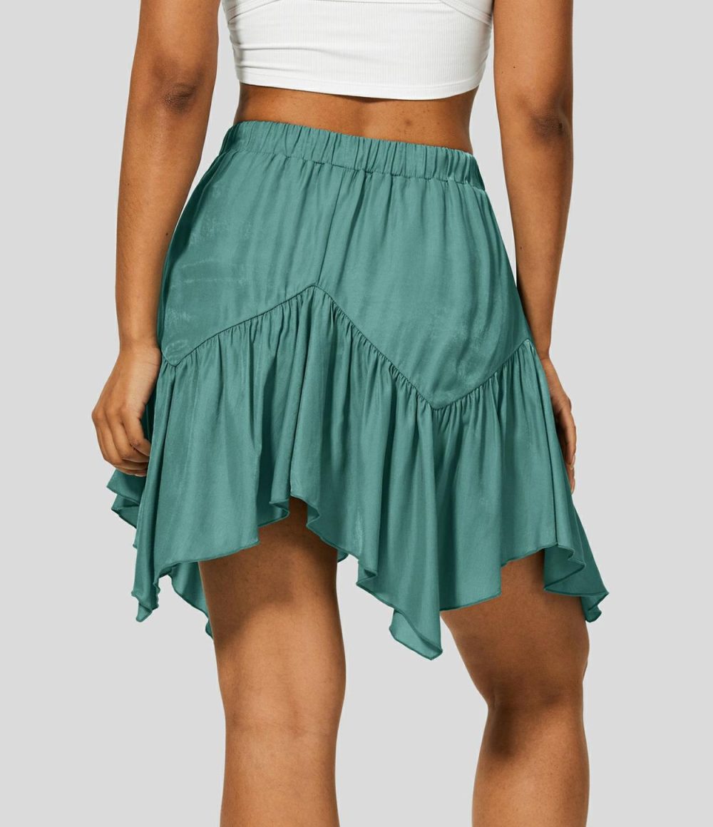 High Waisted Tie Side Plicated Asymmetric Hem Flowy Mini Casual Skirt  | Womens  Mini Skirts Clothing Beryl Green/Black