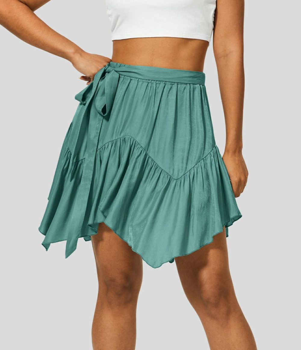 High Waisted Tie Side Plicated Asymmetric Hem Flowy Mini Casual Skirt  | Womens  Mini Skirts Clothing Beryl Green/Black