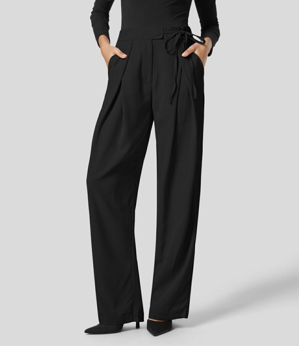 High Waisted Tie Side Pocket Straight Leg Work Suit Pants  | Womens  Active Work Pants Active Work Pants Active Work Pants