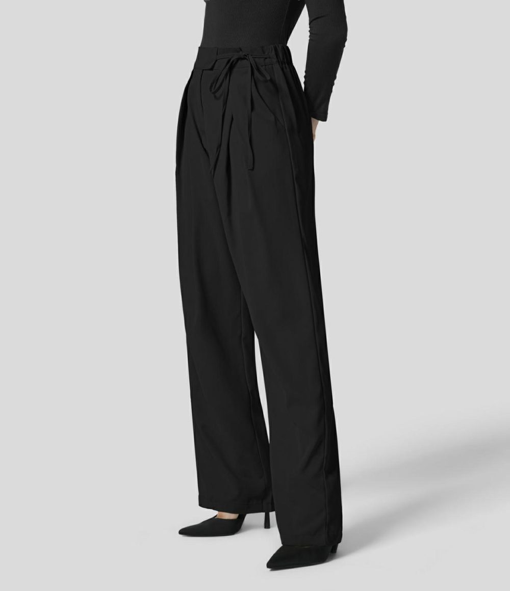 High Waisted Tie Side Pocket Straight Leg Work Suit Pants  | Womens  Active Work Pants Active Work Pants Active Work Pants