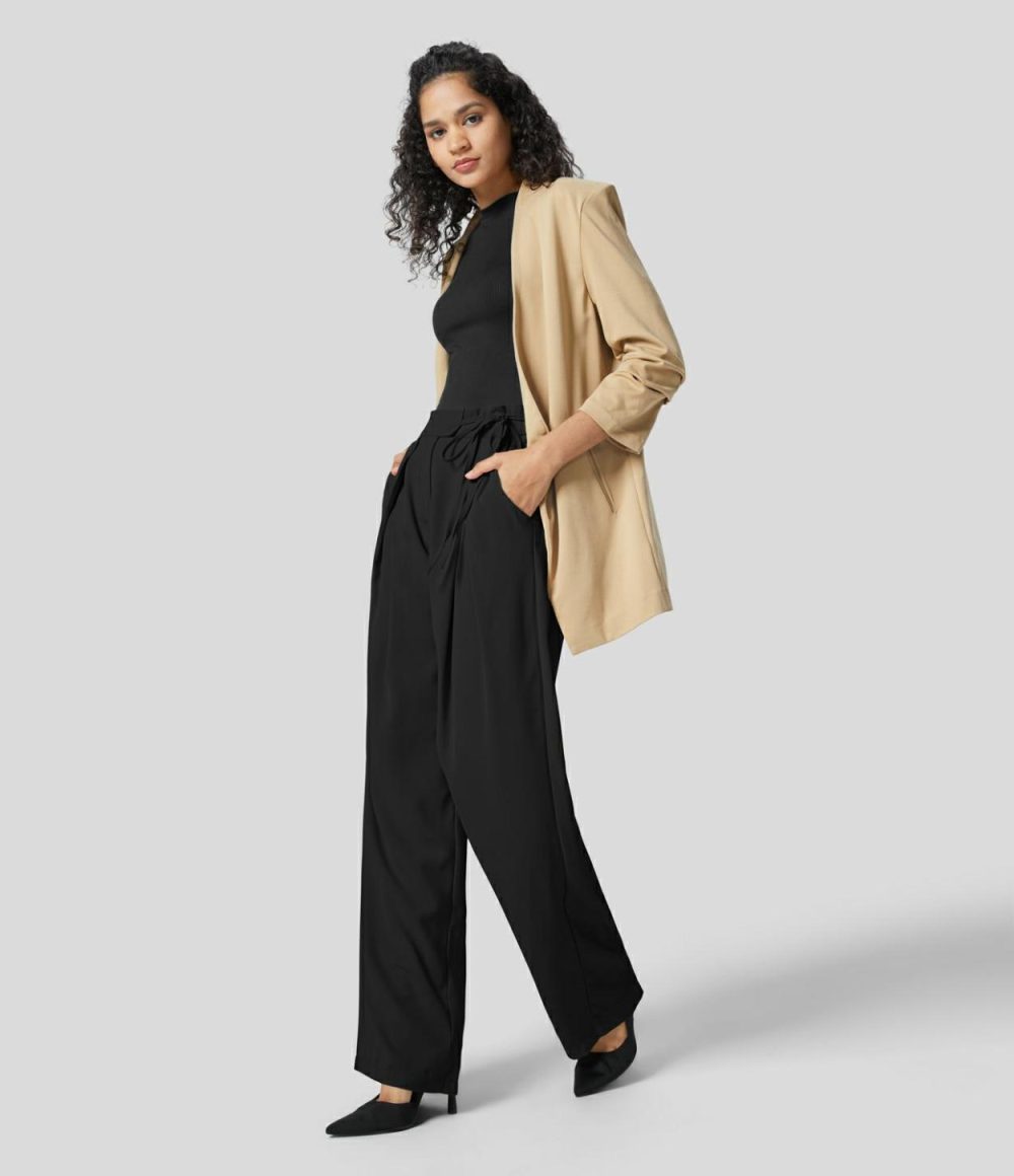 High Waisted Tie Side Pocket Straight Leg Work Suit Pants  | Womens  Active Work Pants Active Work Pants Active Work Pants