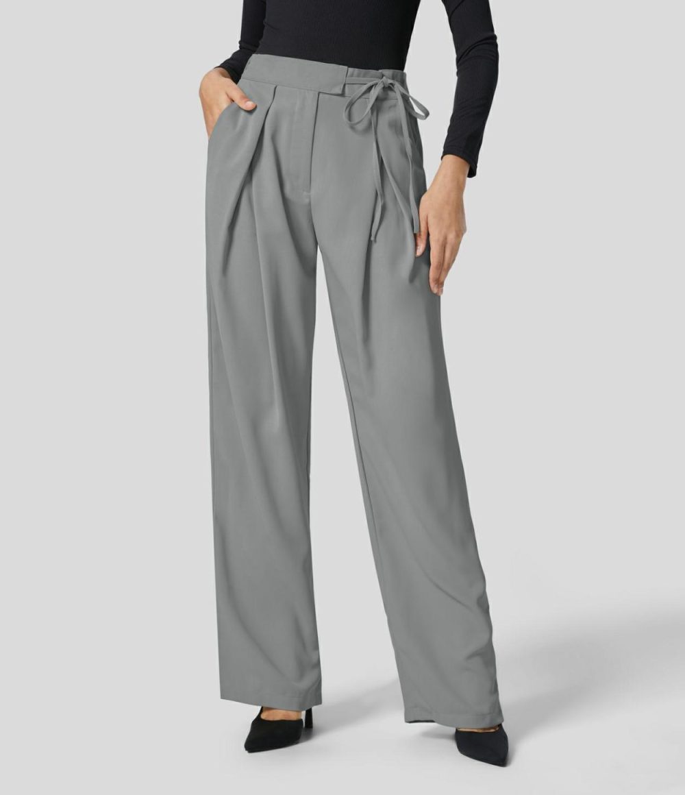 High Waisted Tie Side Pocket Straight Leg Work Suit Pants  | Womens  Active Work Pants Active Work Pants Active Work Pants