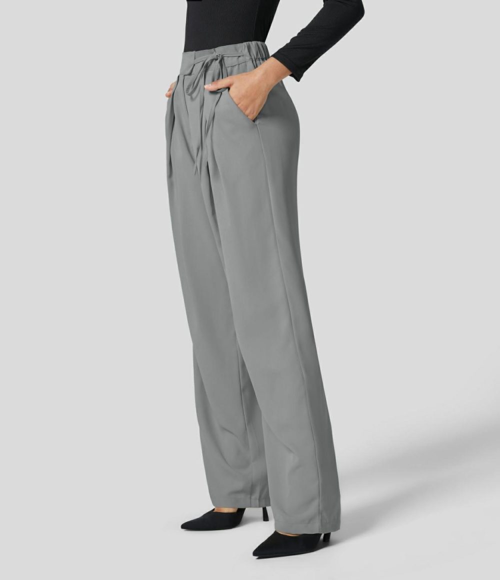 High Waisted Tie Side Pocket Straight Leg Work Suit Pants  | Womens  Active Work Pants Active Work Pants Active Work Pants