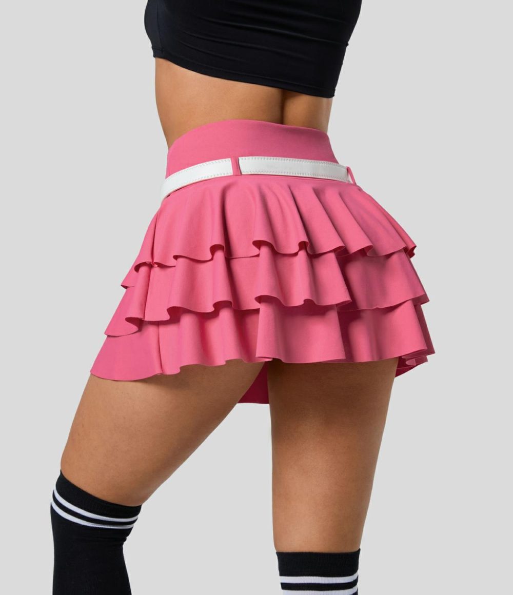 High Waisted Tiered Ruffle 2-in-1 Side Pocket Micro Mini Dance Skirt Without Belt  | Womens  Mini Skirts Clothing Camellia Rose/Black