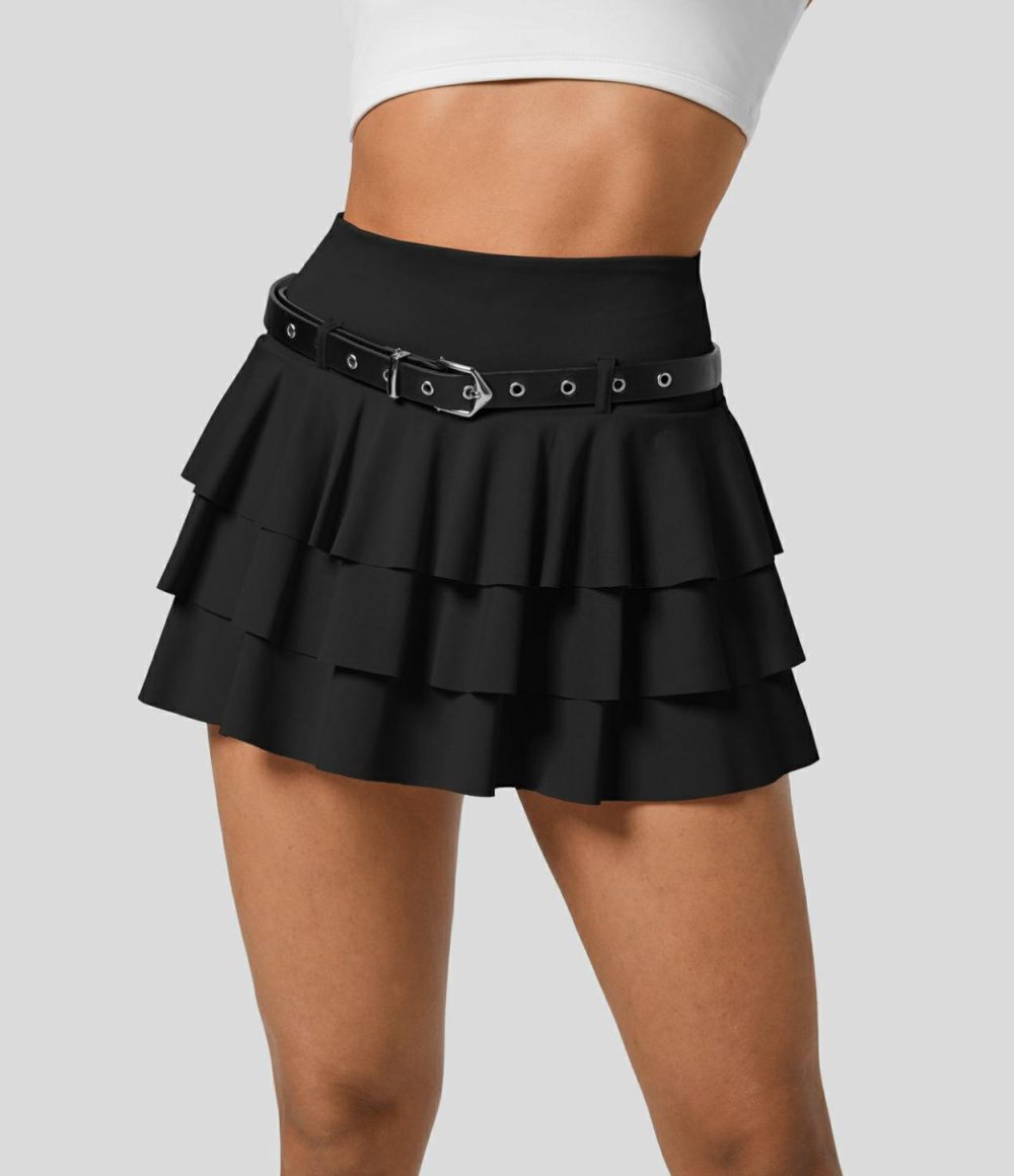 High Waisted Tiered Ruffle 2-in-1 Side Pocket Micro Mini Dance Skirt Without Belt  | Womens  Mini Skirts Clothing Camellia Rose/Black