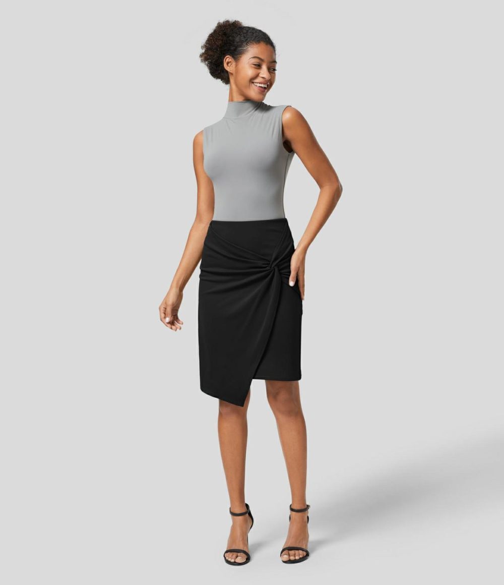 High Waisted Twist 2-in-1 Work Pencil Skirt  | Womens  Mini Skirts Clothing Atlantic Deep/Black