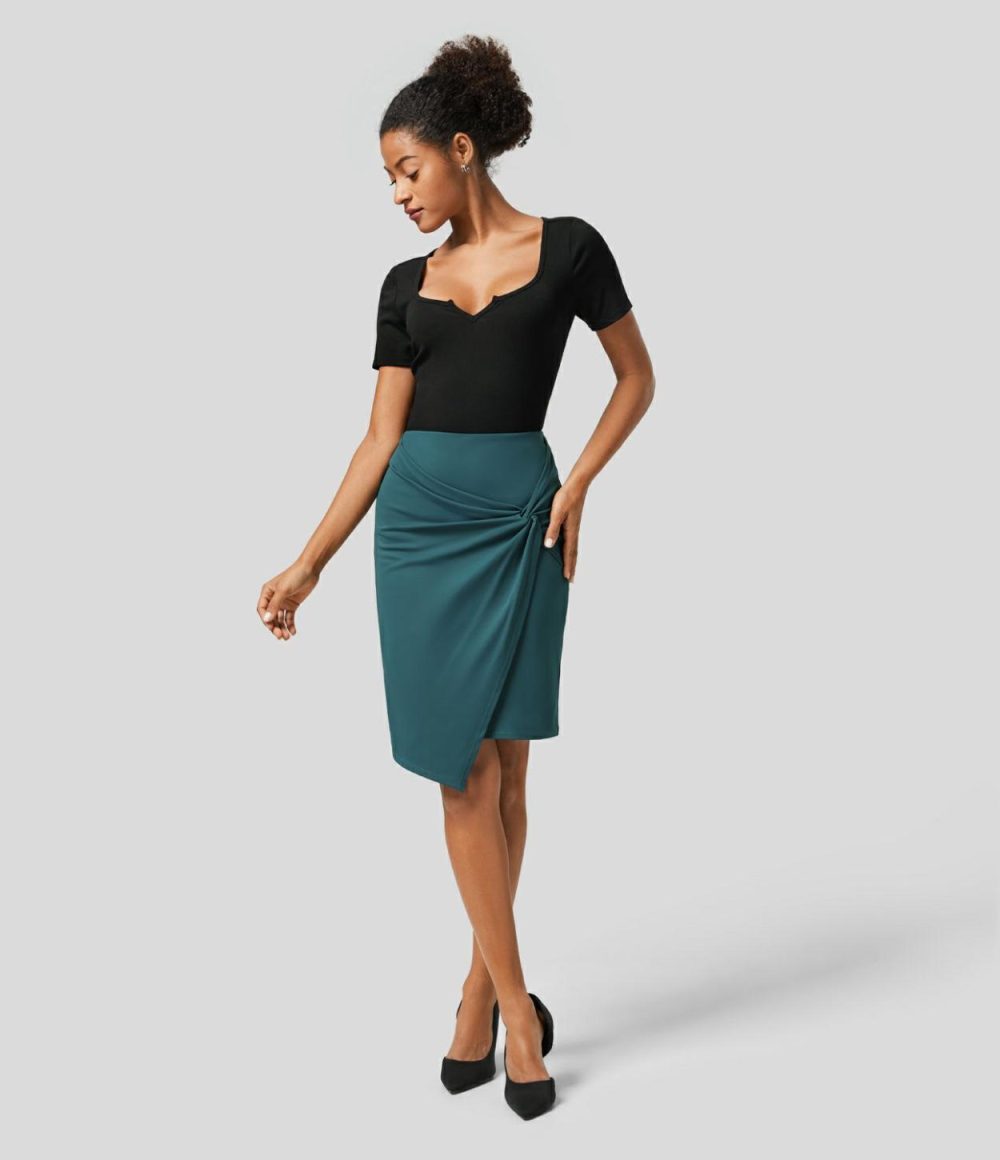 High Waisted Twist 2-in-1 Work Pencil Skirt  | Womens  Mini Skirts Clothing Atlantic Deep/Black