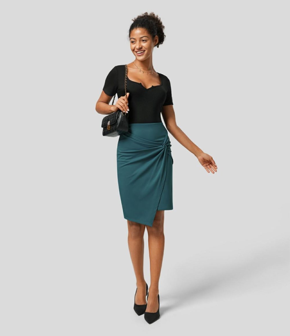 High Waisted Twist 2-in-1 Work Pencil Skirt  | Womens  Mini Skirts Clothing Atlantic Deep/Black