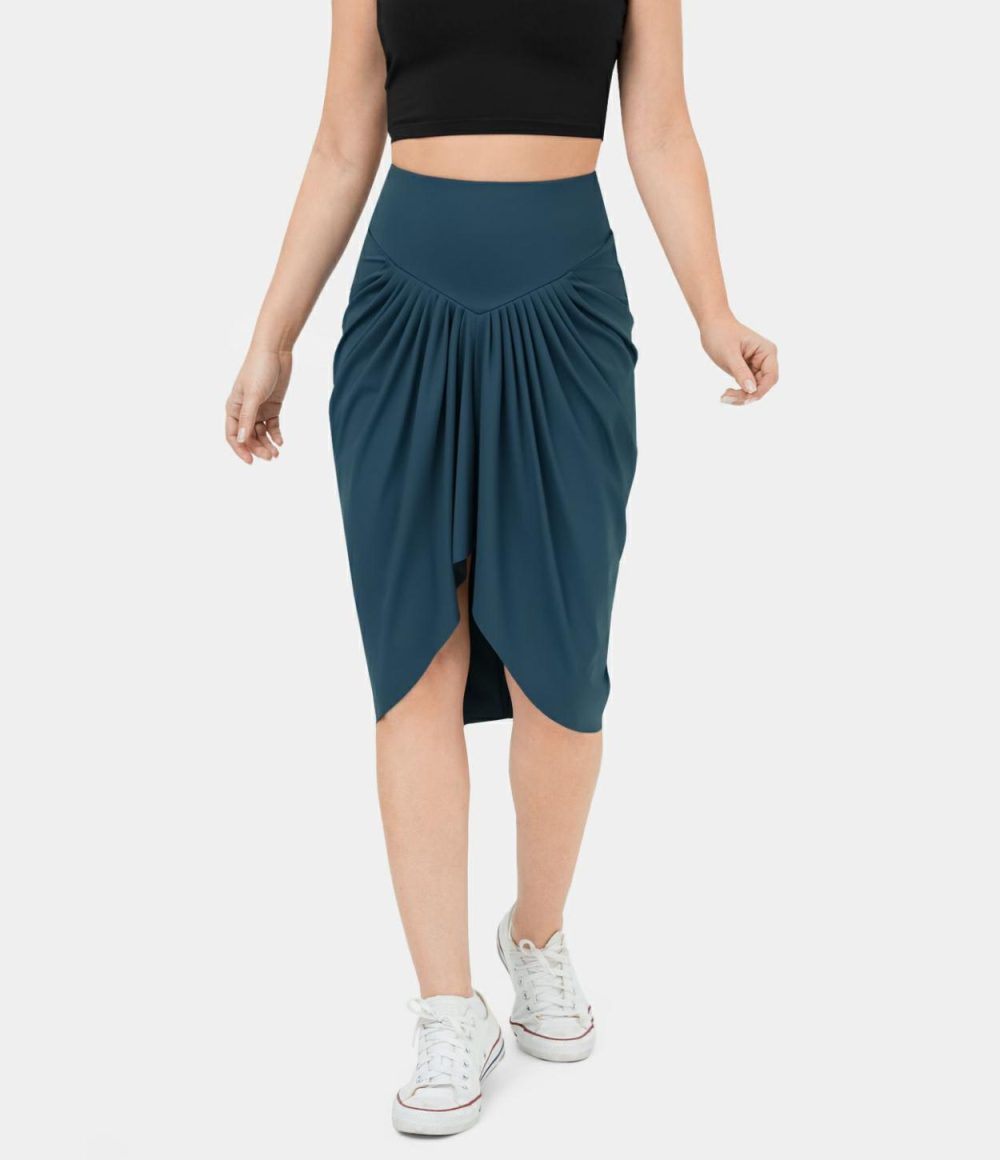 High Waisted V Shaped Ruched High Low Midi Casual Skirt  | Womens  Everyday Skirts Clothing Everyday Skirts