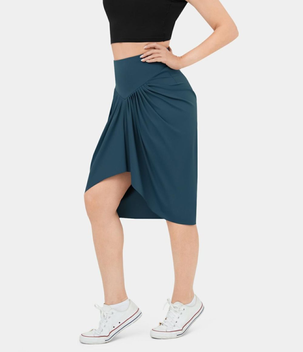 High Waisted V Shaped Ruched High Low Midi Casual Skirt  | Womens  Everyday Skirts Clothing Everyday Skirts