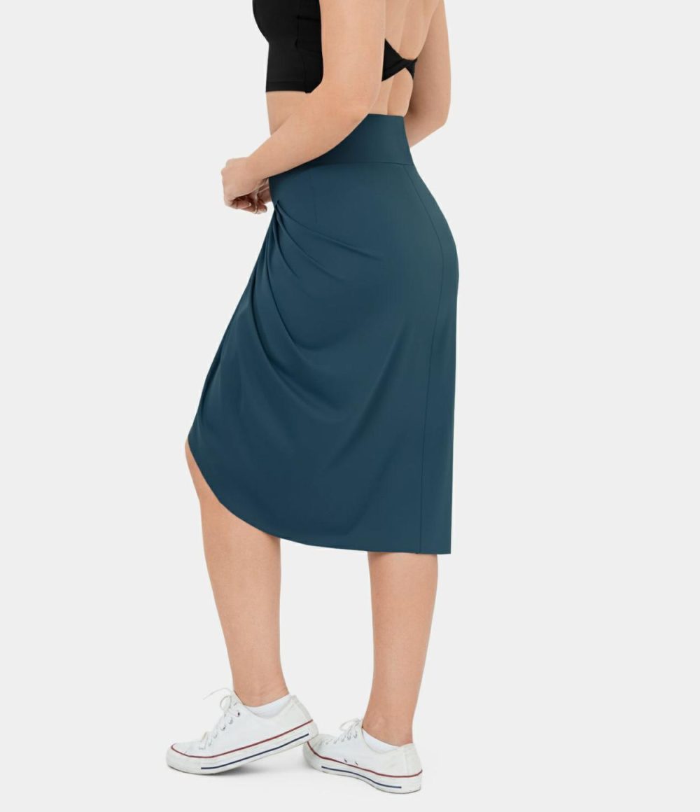 High Waisted V Shaped Ruched High Low Midi Casual Skirt  | Womens  Everyday Skirts Clothing Everyday Skirts