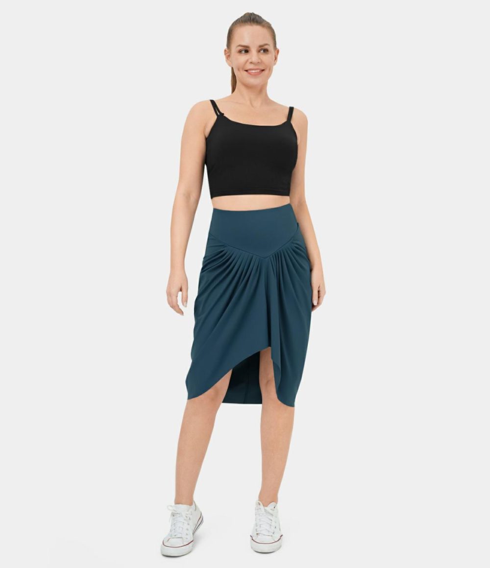 High Waisted V Shaped Ruched High Low Midi Casual Skirt  | Womens  Everyday Skirts Clothing Everyday Skirts