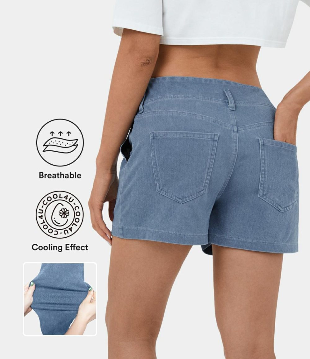 High Waisted V Shaped Waistband Button Pockets Cool Touch Breathable Washed Stretchy Knit Denim Casual Shorts 3”  | Womens  Jeans Clothing Denim Shorts