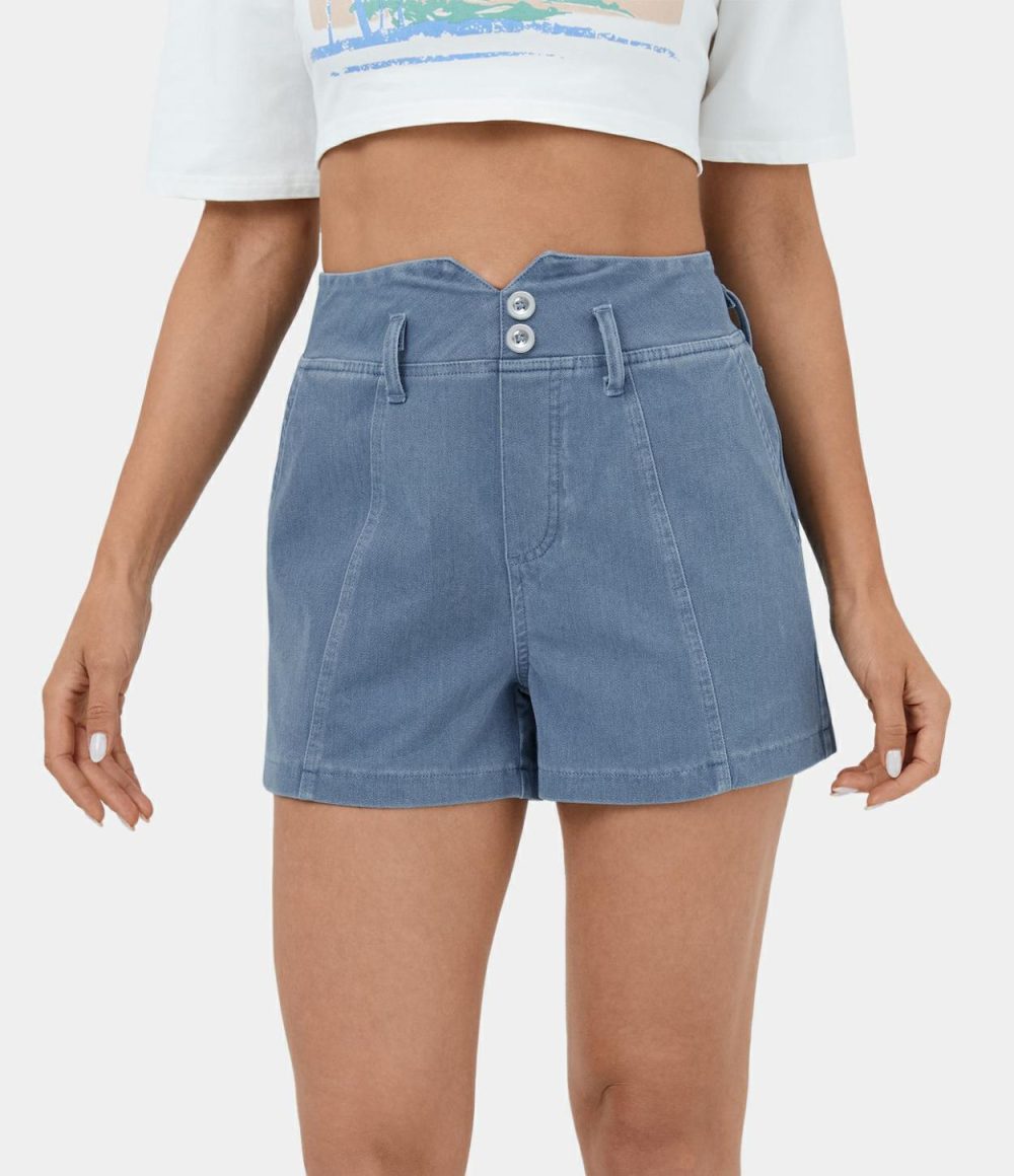 High Waisted V Shaped Waistband Button Pockets Cool Touch Breathable Washed Stretchy Knit Denim Casual Shorts 3”  | Womens  Jeans Clothing Denim Shorts