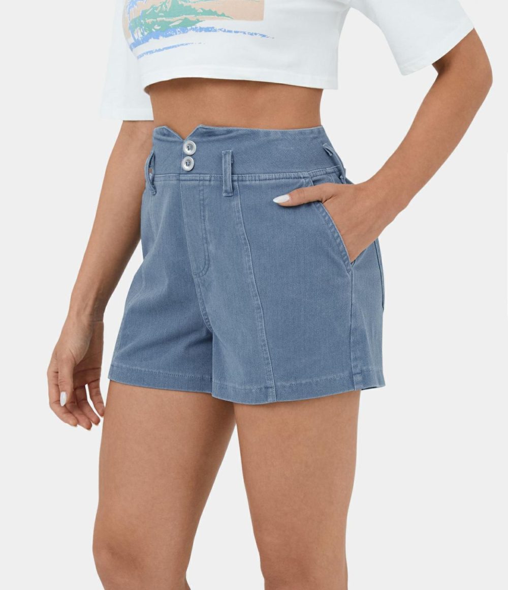 High Waisted V Shaped Waistband Button Pockets Cool Touch Breathable Washed Stretchy Knit Denim Casual Shorts 3”  | Womens  Jeans Clothing Denim Shorts