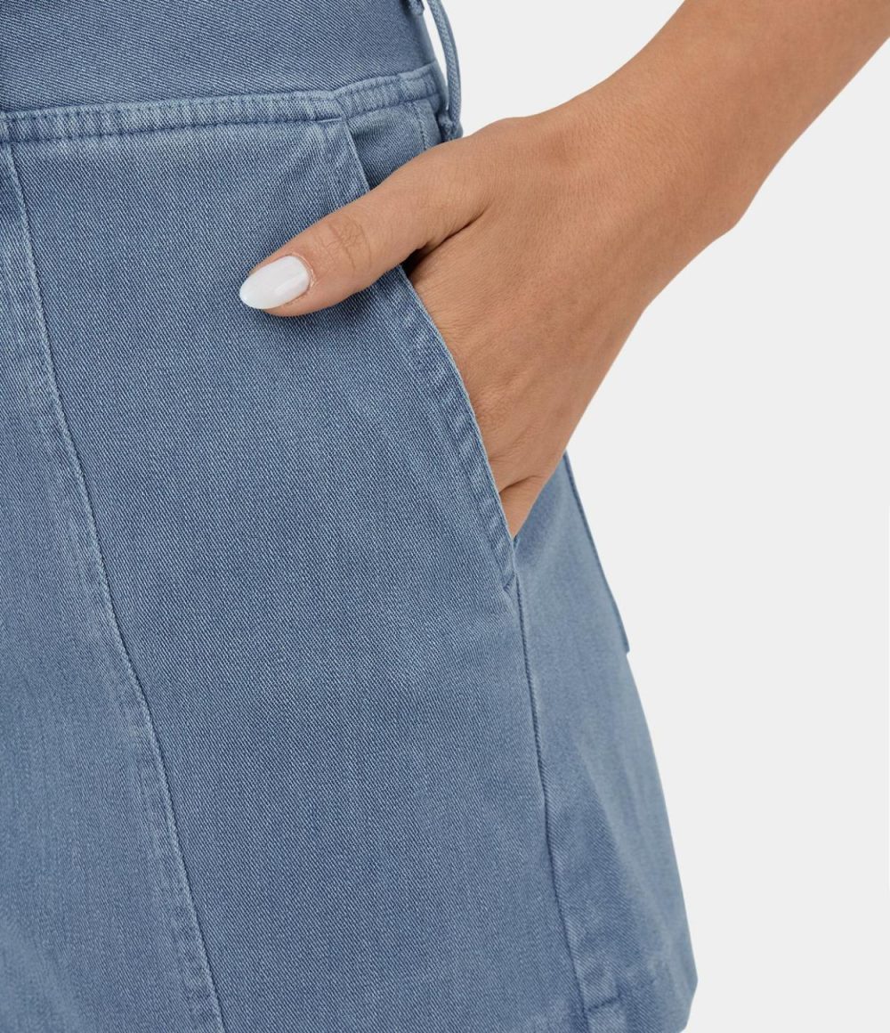 High Waisted V Shaped Waistband Button Pockets Cool Touch Breathable Washed Stretchy Knit Denim Casual Shorts 3”  | Womens  Jeans Clothing Denim Shorts