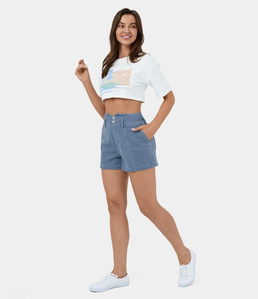 High Waisted V Shaped Waistband Button Pockets Cool Touch Breathable Washed Stretchy Knit Denim Casual Shorts 3”  | Womens  Jeans Clothing Denim Shorts